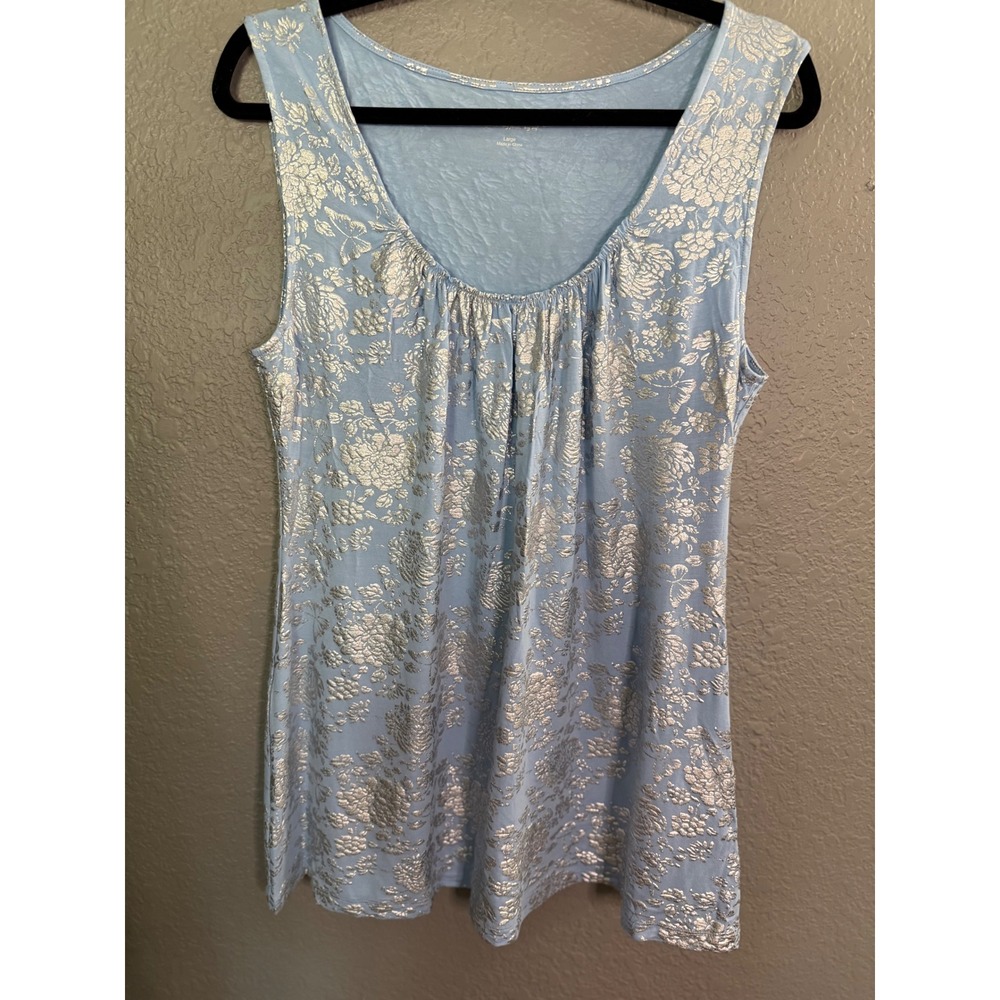 Soft Surroundings Blue Silver Metallic Tank Top L‎ Floral Foil Scoop Neck Soft
